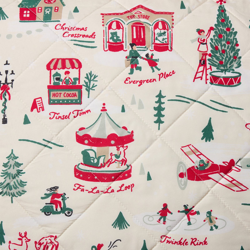 Hallmark Multi Christmas Village 3-Piece Holiday Quilt Set, Full/Queen, Queen Quilt + 2 Standard Shams, Beige/Red