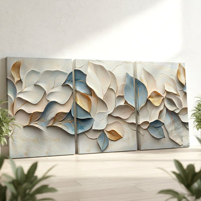 Élégant art mural en forme de feuille de 3 pièces dans des tons bleus et dorés, art mural trois pièces pour le salon, la chambre à coucher et le bureau, prêt à être accroché