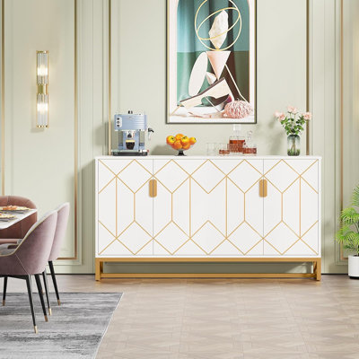 Modern White & Gold Sideboard Buffet Cabinet – 4 Doors, Metal And Wood Coffee Bar For Kitchen, Dining Room, Living Room, Or Entryway