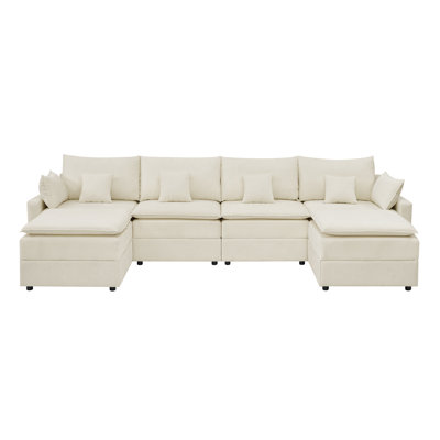 Beige 132 Inch 6-Seater Cloud Modular U-Shaped Sectional Sofa, Chenille Deep Seat Couch with Double Chaise Lounges and Ottoman, Modern Plush Sofa