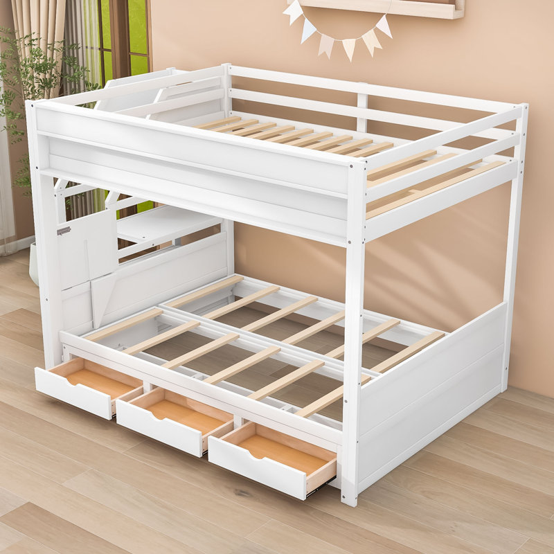 Lit superposé double convertible en bois avec escalier de rangement et 3 tiroirs Khyla, Blanc