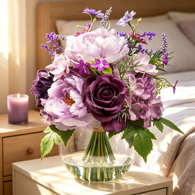 Artificial Flowers in Vase for Home Decor, Real Touch Fake Lavender and Silk Peony Rose Bouquet Centerpiece in Glass Vase with Fake Water for Dining Table, Office, Hotel, Party and Wedding Decor