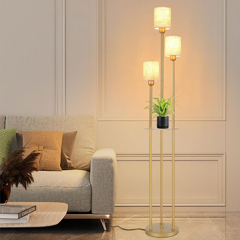Modern Floor Lamp With Shelves, 3-Light LED Standing Lamp For Living Room & Bedroom, 66" Tall With Fabric Shade & Foot Switch, Industrial Style Table Lamp For Office Decor