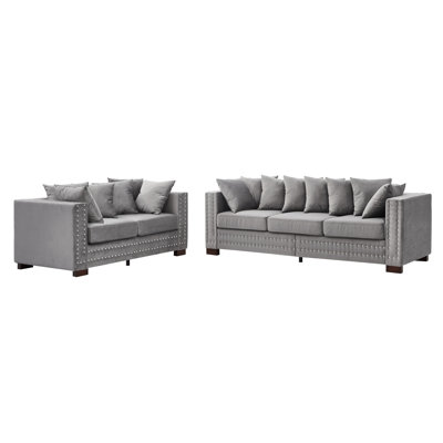Velours moderne à 5 places avec clous carrés argentés, structure en bois massif stable, coussins en mousse haute densité confortables, housses de coussins amovibles, espace de rangement à 2 ou 3 places avec ressorts élastiques gris