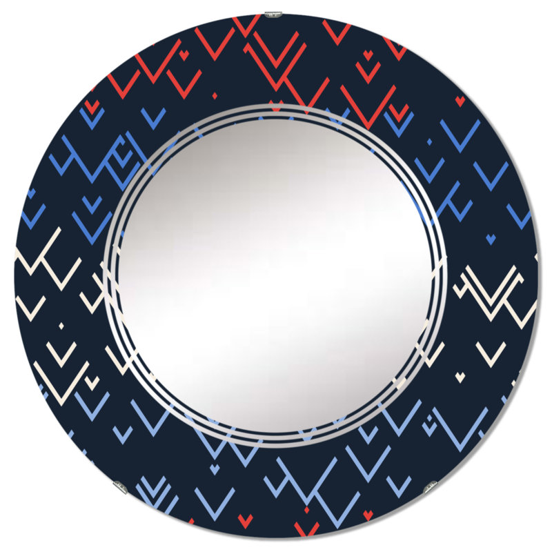 Miroir mural rond bleu et blanc à motif géométrique triangulaire II, 32 po x 32 po