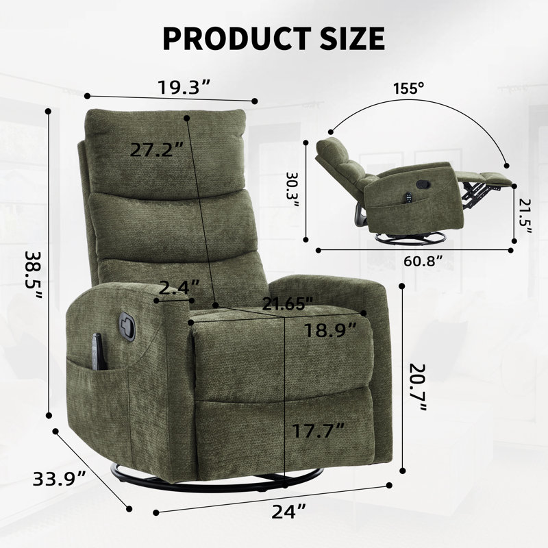 Fauteuil inclinable manuel berçant pivotant avec massage thermique SereniGlide, Green