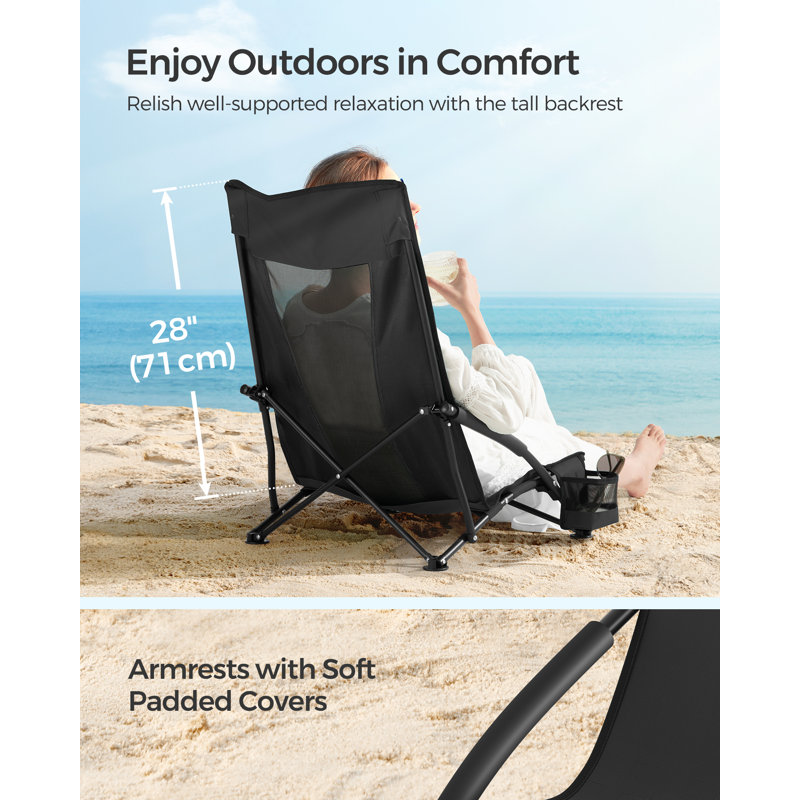 Chaise de plage portable pour adultes Capacité de charge de 330 lb, dossier haut, porte-gobelet, poids léger, robuste