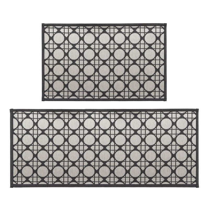 Circles Gray Kitchen Mat and Runner Set 20x32 and 20x48, Gray/Black Geometric