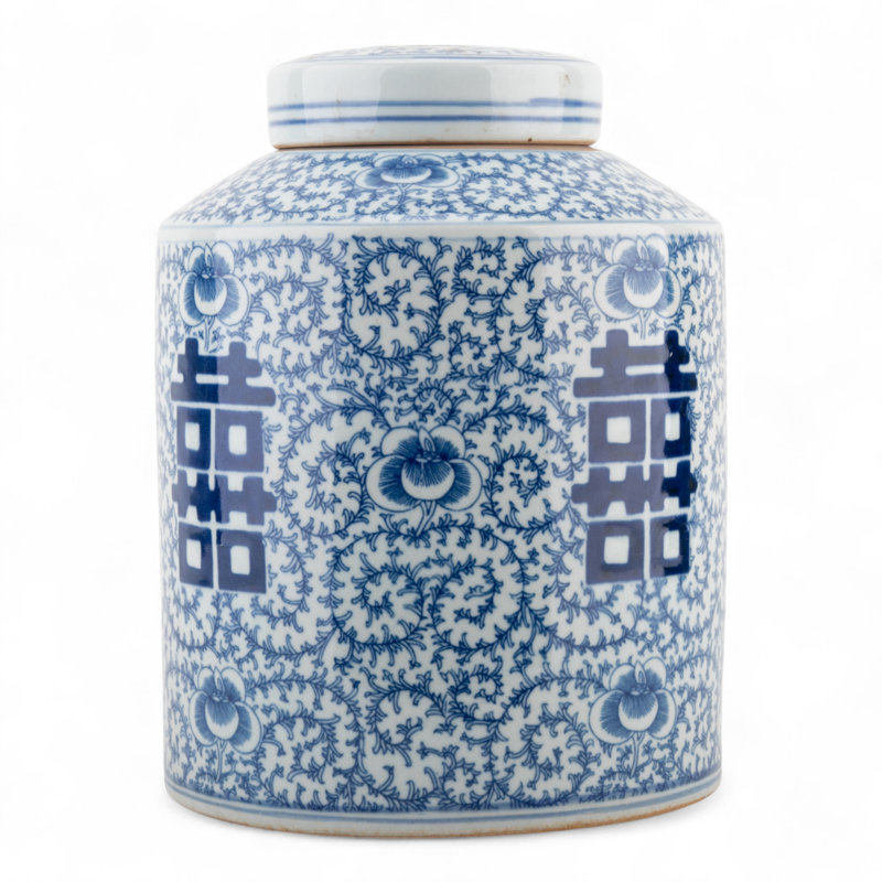 Porcelain Tea Jar with Floral Lattice Pattern