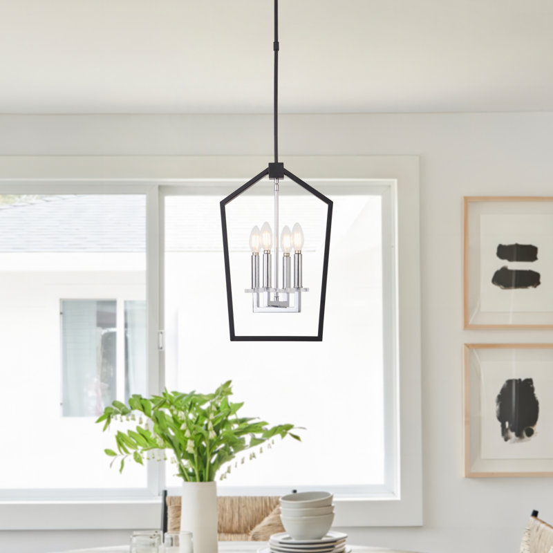 4 - Light Dimmable Lantern Geometric Chandelier, Black/Chrome