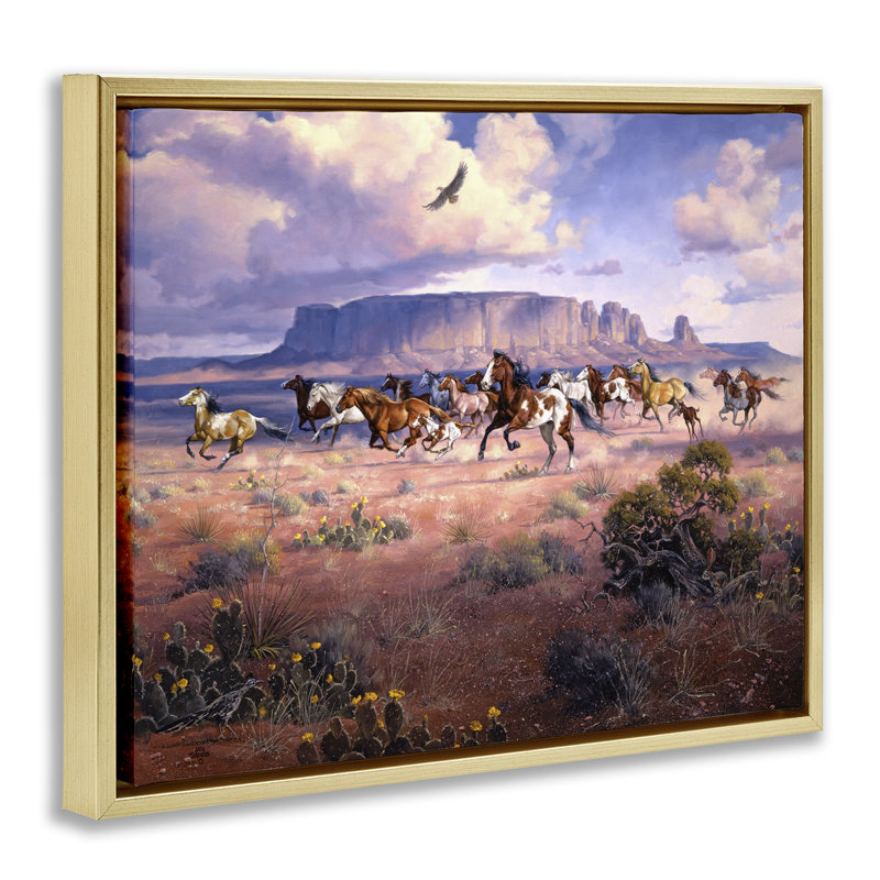 «Western Canyon Horse Stampede», art mural encadré doré sur toile, design par Jack Sorenson, H 25 po x l 31 po