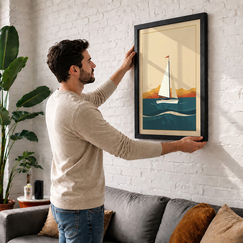 Sailboat at Calm Waters Minimalist - Framed Print, A3 - 42.0 x 29.7 cm, White