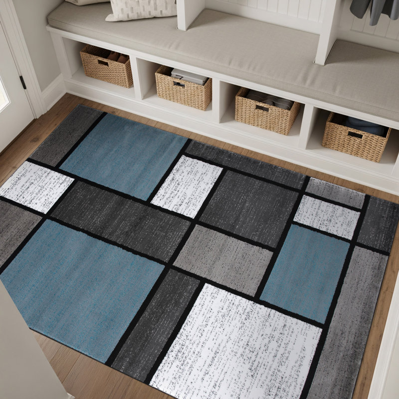 Astley Woven Geometric Blue/Gray/Ivory Area Rug – Modern Rectangles Polypropylene Carpet for Living Room, Bedroom, or Office