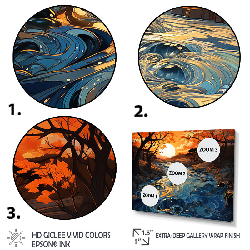 Orange et bleu, rivière, voyage serein I - rivière, art mural, Cadre flottant noir, H 12 po x l 20 po x P 1 po
