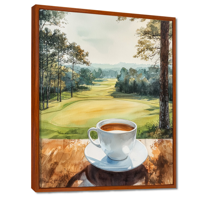 «Coffee Cup At The Golf Court I» - Art mural café, Brun, H 32 po x l 24 po, Impression encadrée flottante
