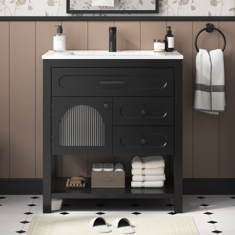 30" Freestanding Single Solid Wood Frame Bathroom Vanity with Composite Solid Surface Top