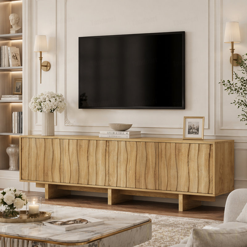 Meuble télé à grain rétro en bois avec porte ondulée pour téléviseur de 75 po ou moins, meuble télé rustique avec amplement d'espace de rangement, meuble télé à base robuste avec gestion des câbles
