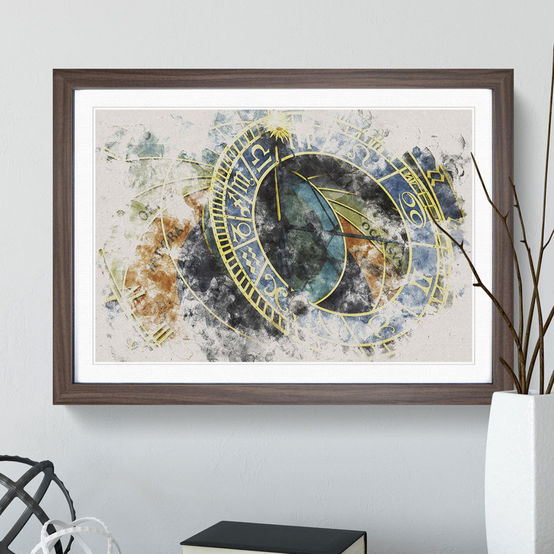 Astronomical Clock in Prague Watercolour - Picture Frame Graphic Art, 27cm H x 36cm W x 2cm D, Walnut