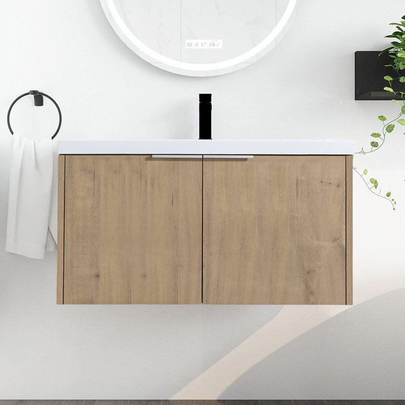 Armoire de salle de bain à fixation flottante 36 po avec lavabo en résine, portes à fermeture douce, Imitation chêne