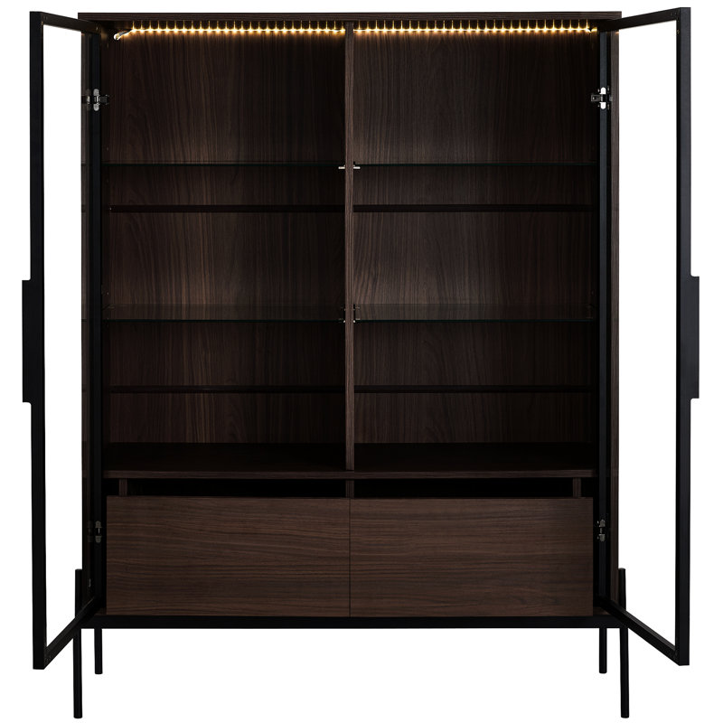 Armoire de rangement à DEL avec verre trempé. Moderne pour le bureau, la maison. Pieds en métal, fabrication. 4 tablettes réglables, 2 tiroirs, noir et tablette de présentation en verre noyer foncé. Salle d'étude de style.