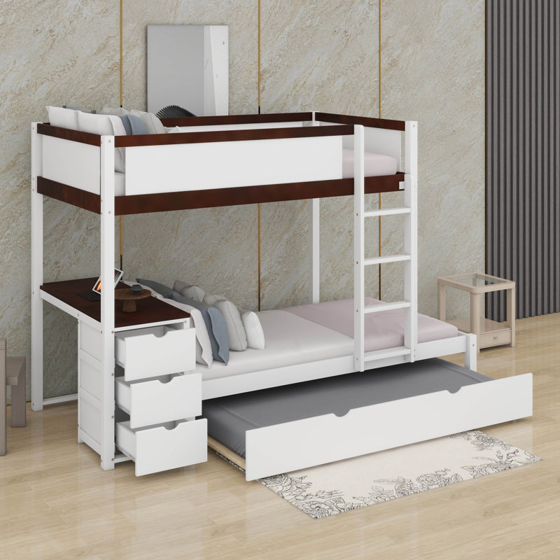 Twin Over Twin Bunk Bed With Trundle And Desk, White/Walnut