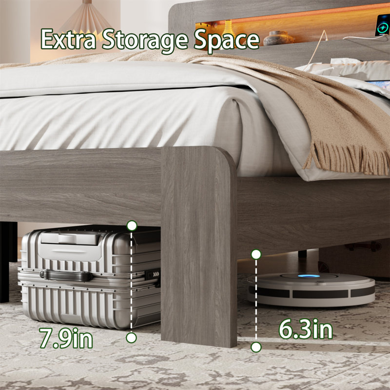 Bed Frame Full Size, Wood Platform Bed Frame With Storage LED Light Headboard And 2 USB , Noise Free,No Box Spring Needed And Easy Assembly Tool,Large Under Bed Storage,Dark Grey