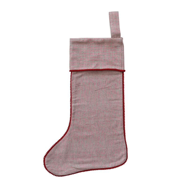 Charmant bas de Noël en coton tissé avec petite garniture rouge à pompons