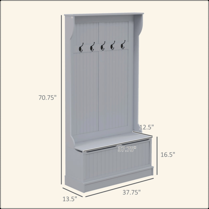 Arbre d'entrée 38 po 3-en-1 avec banc de rangement, portemanteau avec quatre crochets et rangement pour chaussures, Gris