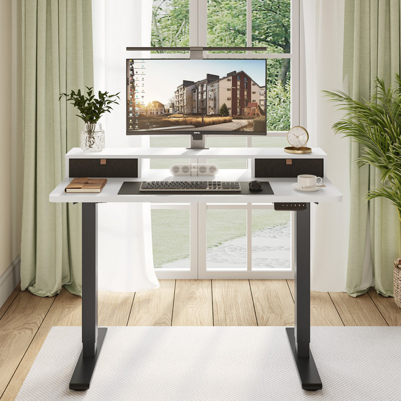 Bureau debout à hauteur réglable avec 2 tiroirs Lysandre Home Office, H 48,6 po x l 47,3 po x P 23,6 po, Blanc / noir