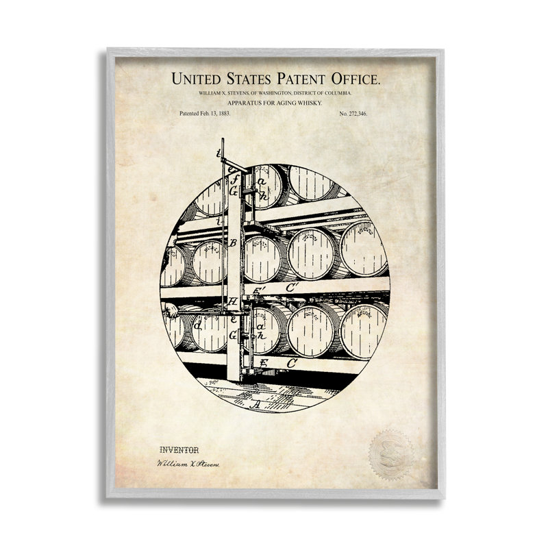 «Whiskey Aging Barrel», diagramme détaillé en brevet par Karl Hronek - impression, L 11 po x H 11 po