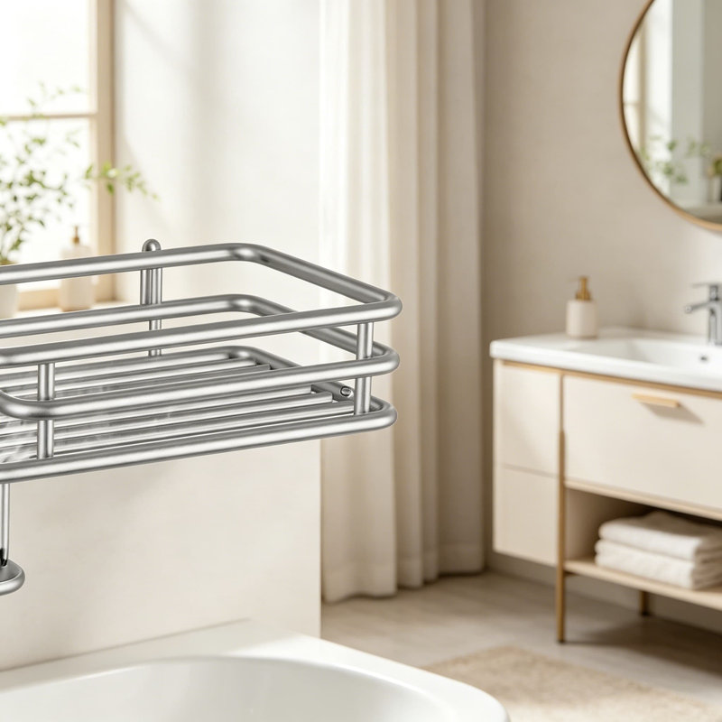 Étagère de salle de bain à 4 niveaux réglable à hauteur réglable pour la salle de bain à suspendre, antirouille avec 4 crochets, panier de douche avec porte-savon et ventouse, argent