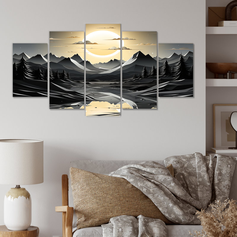Silhouette de lune, paysage de montagnes, ensemble d'art mural multipanel