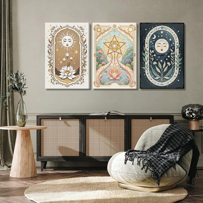 3Pcs Vintage Tarot Wall Art Boho Sun Moon Painting Wall Decor Boho Celestial Sky Lotus Pictures Star Print Artwork For Bedroom Dorm Apartment Home Decoration Canvas