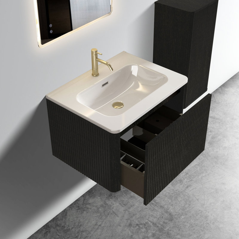 Meuble-lavabo moderne 24 po - chêne noir brossé rayé, lavabo blanc captivant avec style chêne et céramique, Noir, 24"