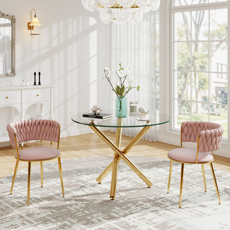Modern Round Tempered Glass Pedestal Dining Set with Weaven Velvet Dininig Chair, Pink/Gold, Gold, 30" H x 36" W x 36" D