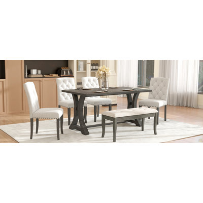Ensemble de table de salle à manger 6 pièces, table à tréteaux rectangulaire, 4 chaises rembourrées et banc pour salle à manger (gris antique)