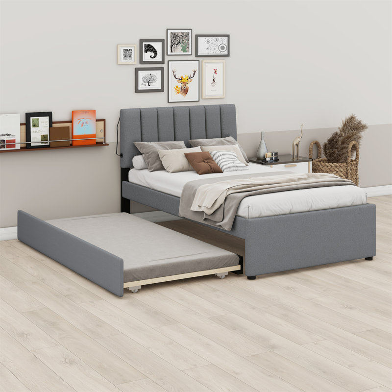 Upholstered Platform Bed With Trundle, Gray