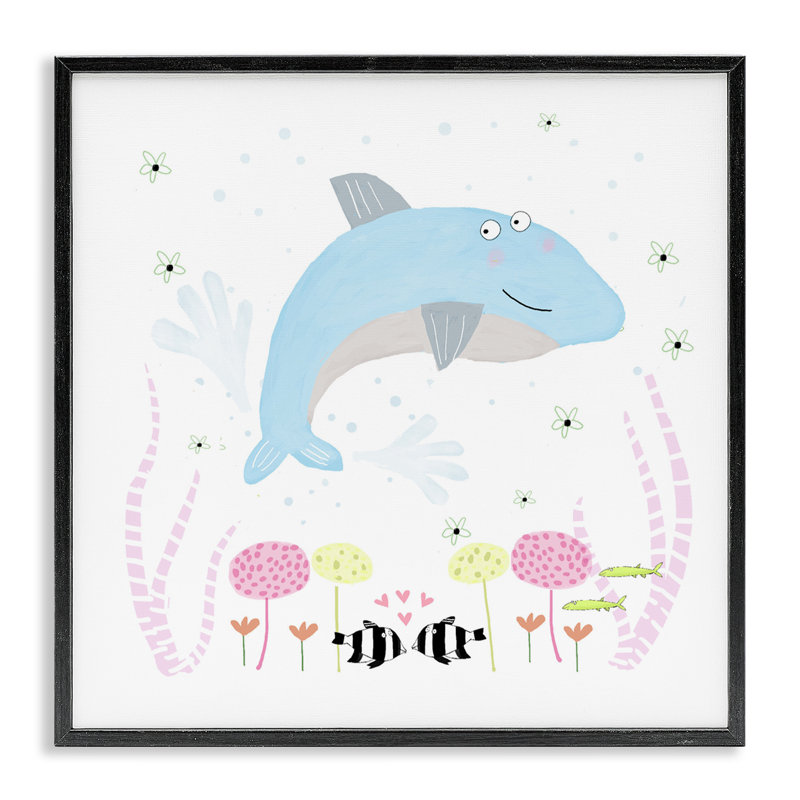 Bébé dauphin et fleurs, estampe numérique, design par Carla Daly, Giclée encadrée noir minuit, H 12 po x l 12 po