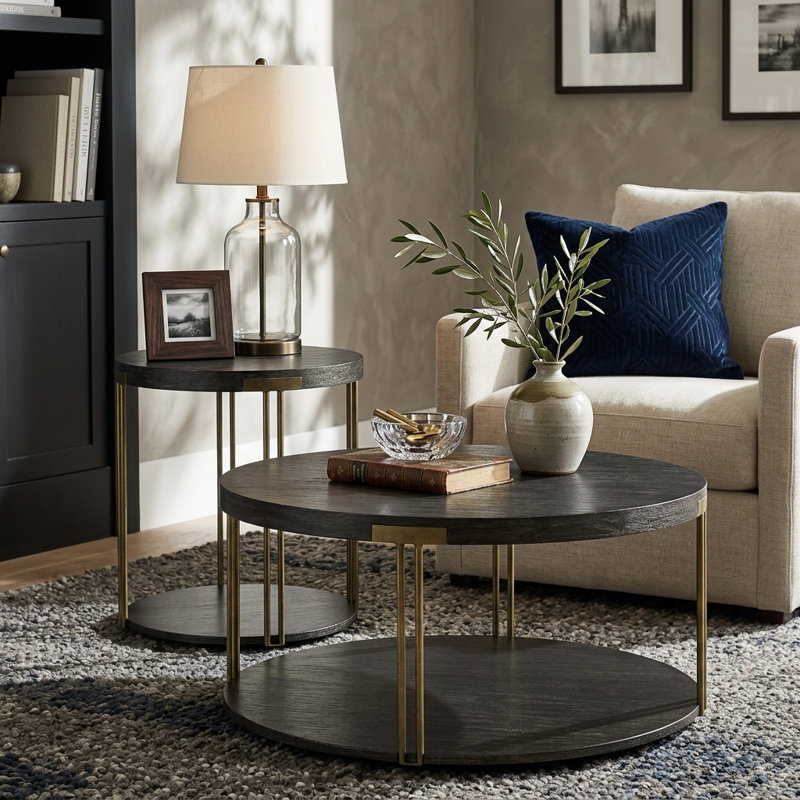 Fanney 35" Brushed Round Modern Cocktail Coffee Table with Wheels and Storage