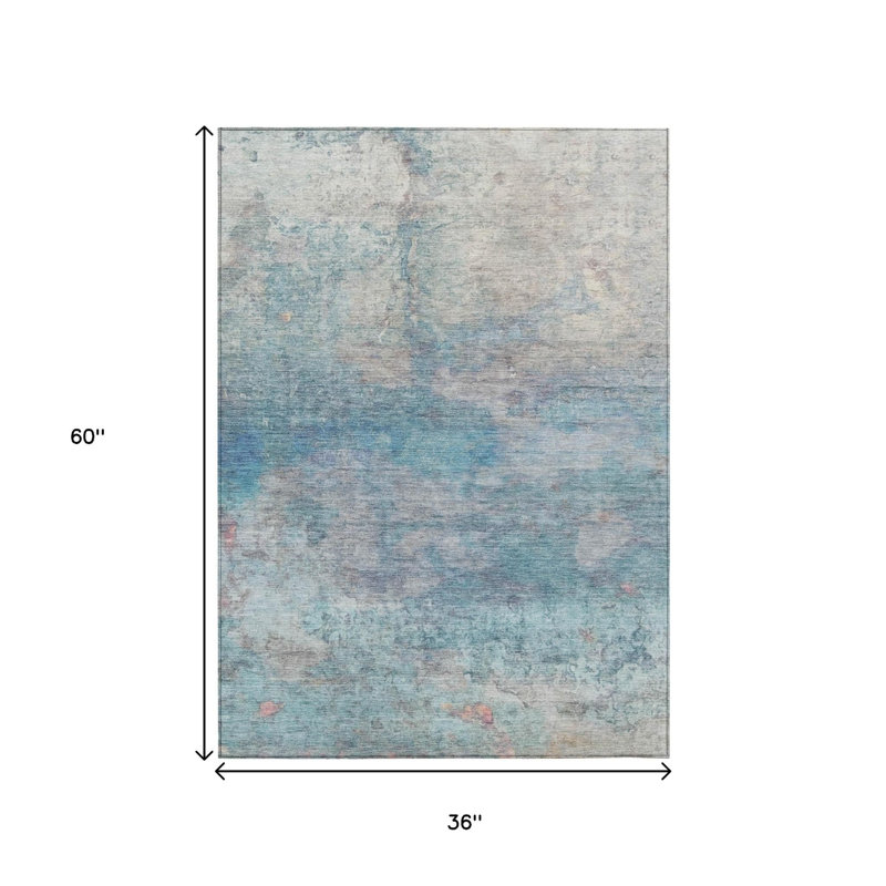 3' X 5' Aqua And Beige Abstract Washable Indoor Outdoor Area Rug
