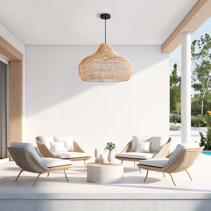 Kloe Outdoor Rattan Pendant Light - 28" Natural Brown Dome 1-Light Polished Handwoven Adjustable Light Fixture For Covered Patio, Porch in Modern, Traditional, Boho & Coastal Style