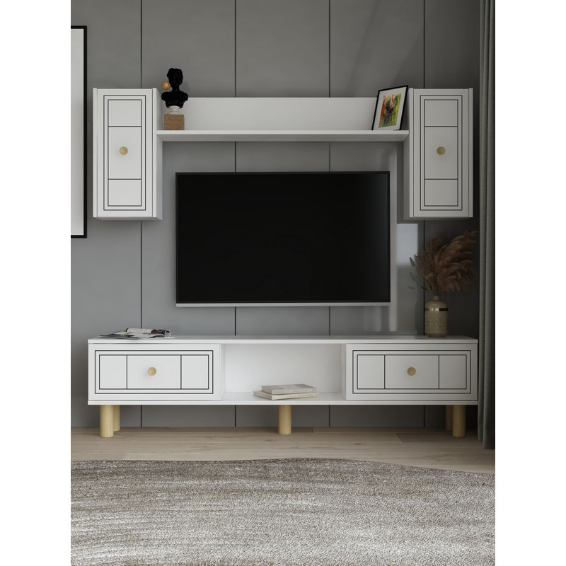 Meuble télé blanc moderne avec tablette murale 59,1 po x 17,6 po x 11,6 po | 100% panneau de particules enduit de mélamine, épaisseur: 0,7 pouce | Design scandinave avec de nombreuses tablettes, fixation murale pour élégance et fonctionnalité