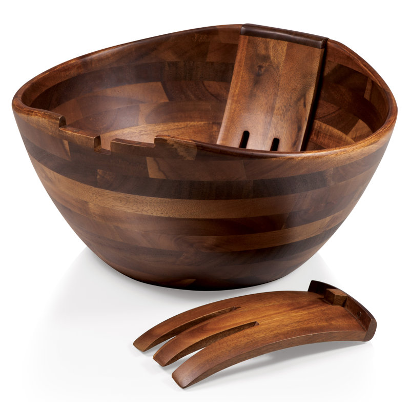 Acacia Wood Salad Bowl with Integrated Tossing Tools