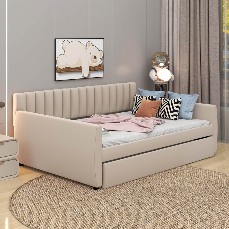 Full Size Upholstered Daybed With Trundle, Beige