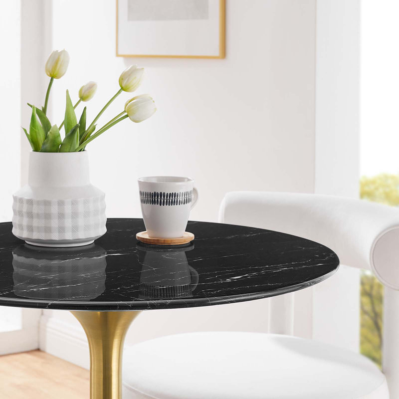 Lippa Bar Table, Artificial Marble Round Top, by Modway, Gold, Standard Table (28.5” Height), 27.5" L x 27.5" W