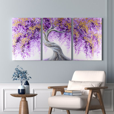 Ensemble de 3 tableaux sur toile représentant un arbre de glycine violette, pour la décoration du salon, de la chambre et de la maison.