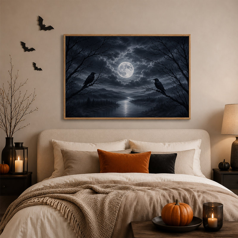 "Deux corbeaux noirs perchés sur des branches au clair de lune", art mural sur toile, H 36 po x l 48 po