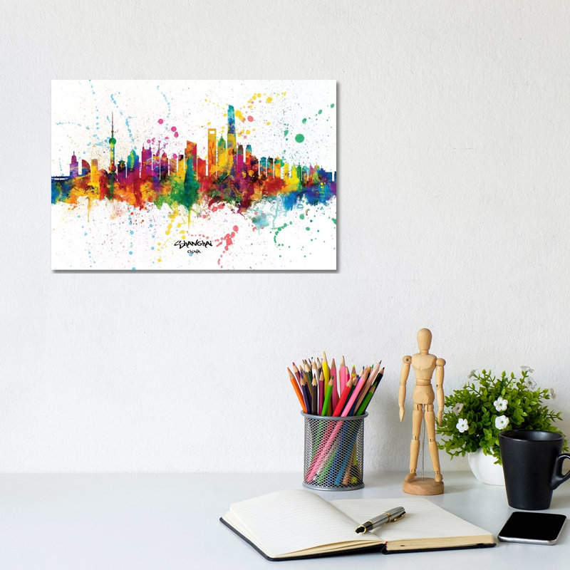 Shanghai China Skyline Splash by Michael Tompsett - Wrapped Canvas Print, 20.32 cm H x 30.48 cm W