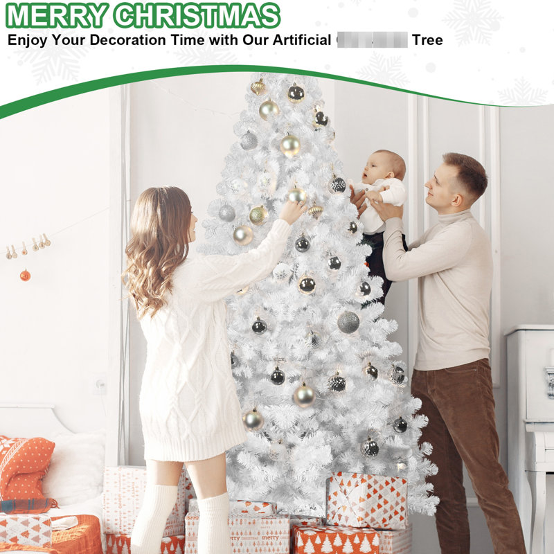 Arbre de Noël artificiel blanc 8 pi avec fil mémoire, 1430 pointes, structure à charnières, apparence complète pour les espaces intérieurs, décoration
