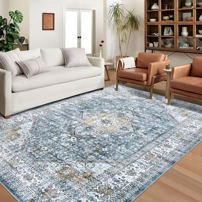 Grand tapis lavable à faible épaisseur à motif floral d'intérieur